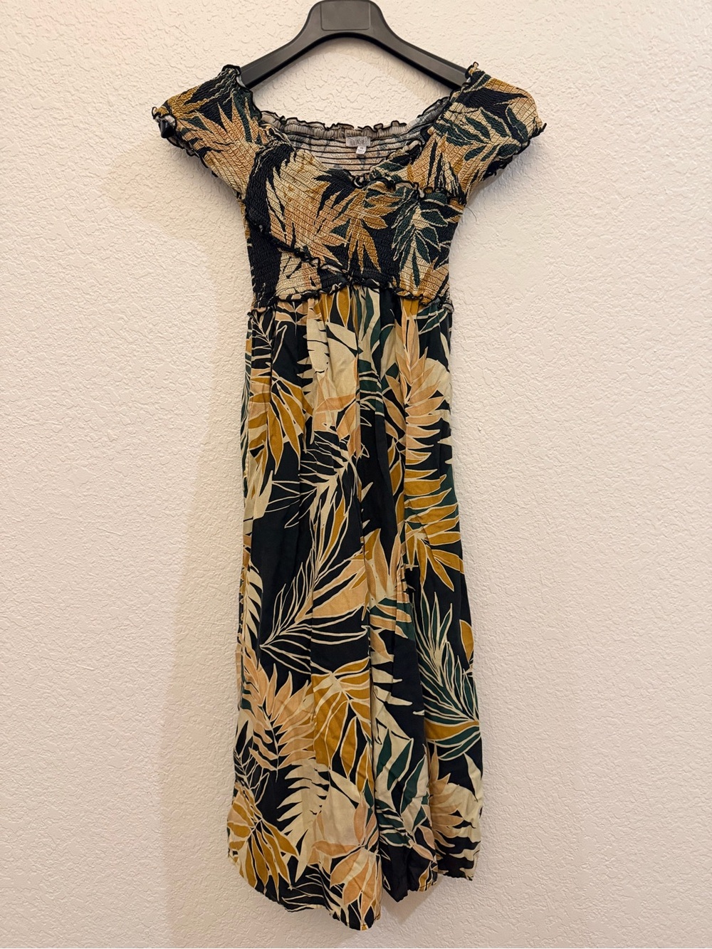 Patrons of Peace Black Jumpsuit with Mustard & Cream Leaf Print